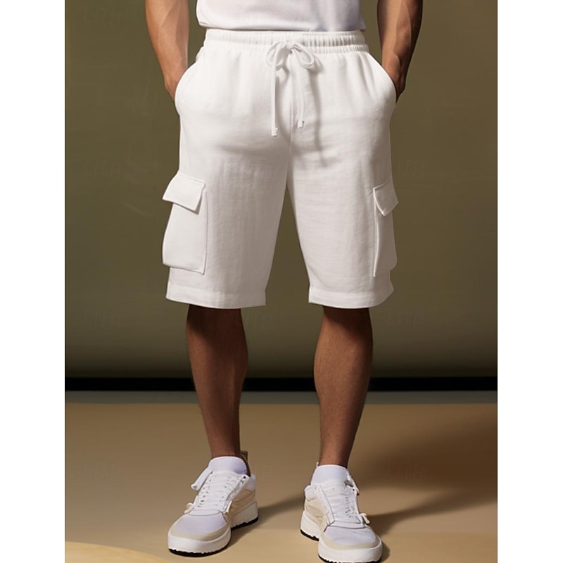 40% Linen Men's Shorts Linen Shorts Summer Shorts Drawstring Elastic Waist Multi Pocket Plain Breathable Comfortable Short Daily Vacation Going out Classic Casual Black White2