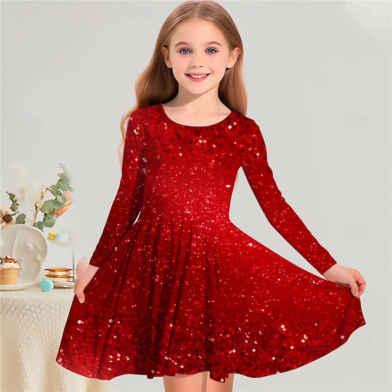 Girls' 3D Color Gradient Dress Long Sleeve 3D Print Spring Fall Vacation Sports & Outdoor Daily Cute Casual Beautiful Kids 3-12 Years Casual Dress A Line Dress Above Knee Regular Fit3