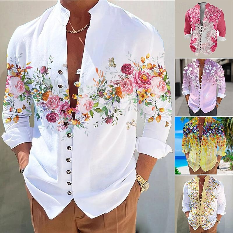 Men's Floral Shirt Linen Shirt Button Up Shirt Long Sleeve Casual Daily Wear Going out Weekend Spring Standing Collar Print Button-Down White 1 Yellow Purple Rose Red White 2