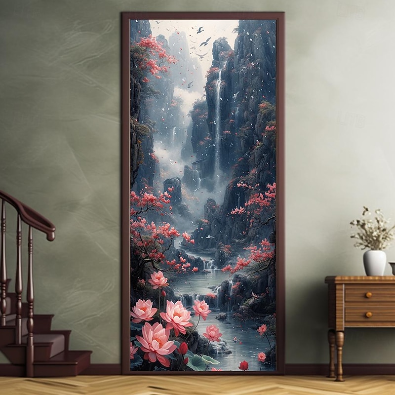 Lotus Flower Door Covers Mural Decor Door Tapestry Door Curtain Decoration Backdrop Door Banner Removable for Front Door Indoor Outdoor Home Room Decoration Farmhouse Decor Supplies2