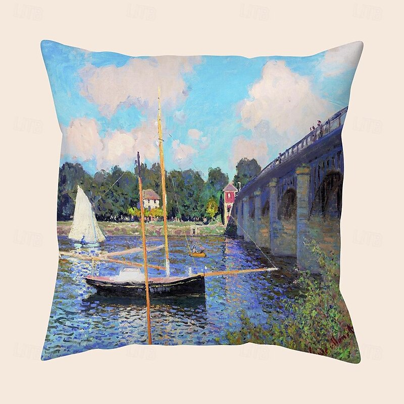 Oil painting village dock cushion cover 1PC short plush double-sided soft decoration square throw pillowcase cushion case pillowcase sofa bedroom washable3