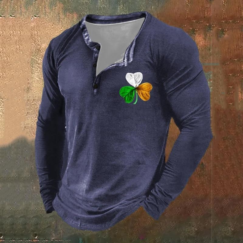 St Patrick St Paddys Shamrock Men's Fashion Daily Casual 3D Print T Shirt Tee Henley Shirt Holiday Going out St. Patrick T shirt Black Purple Green Long Sleeve Henley Shirt Spring & Fall Clothing3
