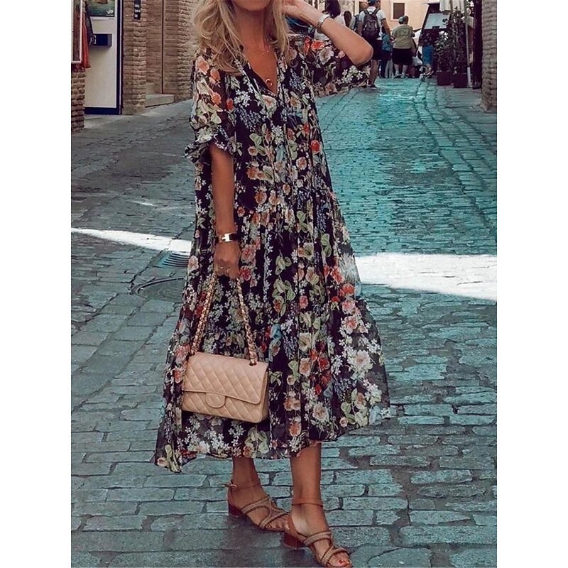 Women's Casual Dress Floral Print V Neck Midi Dress Vacation Half Sleeve Summer3