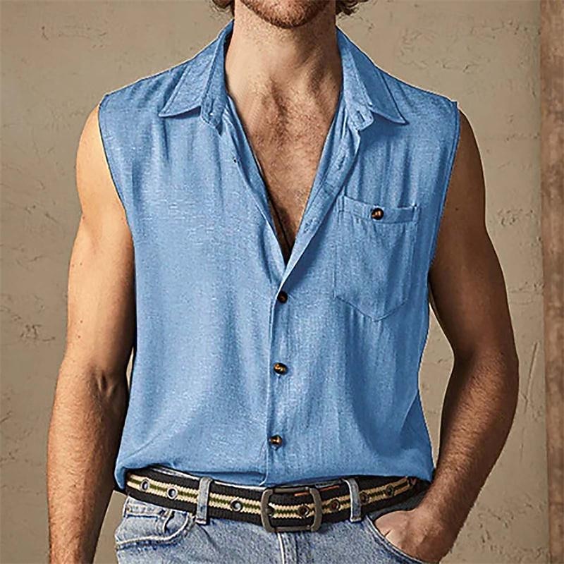 Men's Shirt Summer Shirt Casual Shirt Beach Shirt Button Up Shirt Black White Brown Green Light Blue Sleeveless Plain Lapel Vacation Hawaiian Pocket Clothing Apparel Polyester Fashion Casual3
