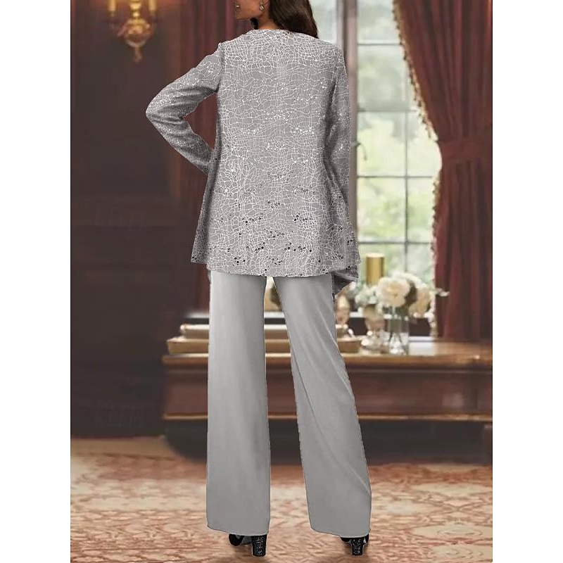 Pantsuit 3 Piece Beach Wedding Mother of the Bride  Wedding Guest Elegant Scoop Neck Floor Length Chiffon Lace Sleeveless Wrap Included with Sequin2