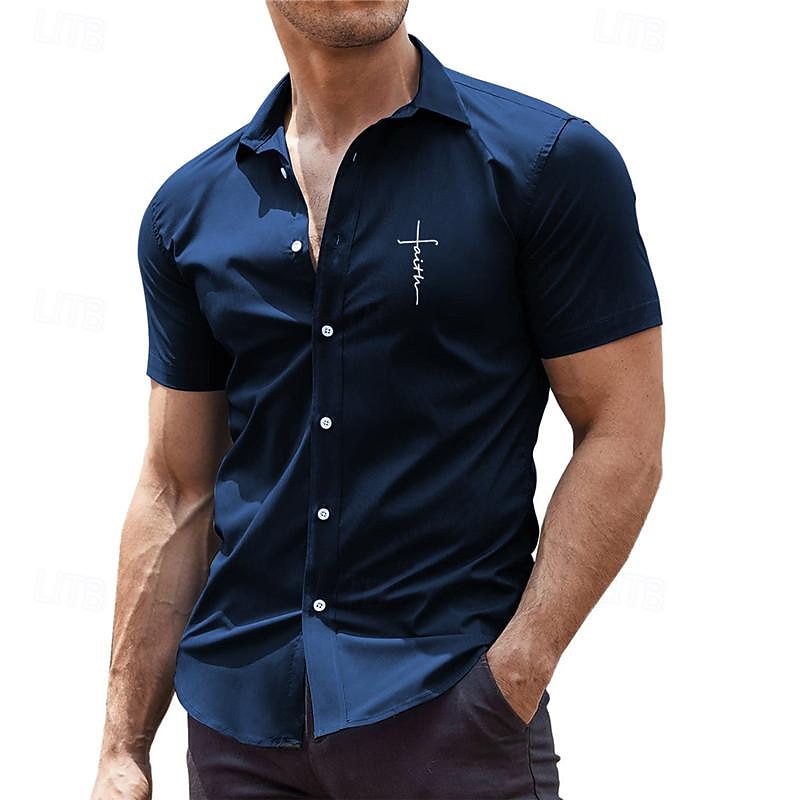 Men's Dress Shirt Printed Shirts Faith Outdoor Street Black Burgundy Dark Navy Green Short Sleeve Turndown Summer Clothing Apparel Print2
