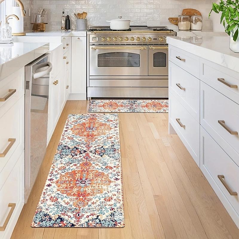 Vintage Boho Kitchen Floor Mat, Non-slip Oil-proof Floor Mat, Soft Rug, Floral Waterproof Kitchen Mat, Dirt-resistant Floor Mat, Machine Washable, Entrance Doormat, Kitchen Living Room Laundry Bathroo3