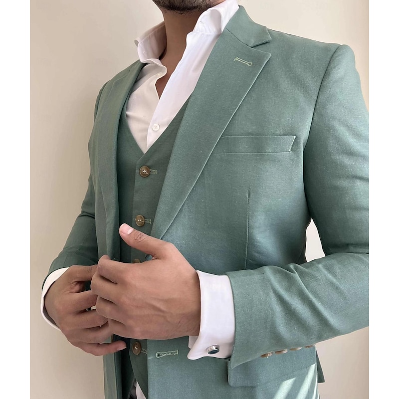 Men's Wedding Suits Notch Sage Formal Solid Colored Tailored Fit 3 Piece Single Breasted Two-buttons4