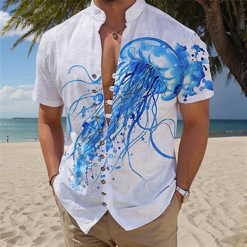 Men's Tropical Jellyfish Summer Hawaiian Shirt Aloha Shirt Printed Shirts Short Sleeves Shirt Standing Collar Hawaiian Resort Vacation Holiday Daily Wear Blue Purple Orange S M L