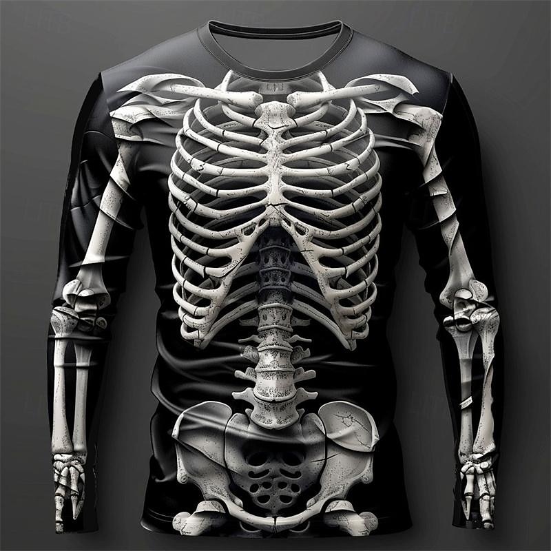 Halloween Day of the Dead Skull Men's Graphic Skeleton T shirt Long Sleeve T shirt 3D Print Crew Neck Shirt Designer Casual Subculture Sports Outdoor Holiday Going out Spring Fall Clothing Apparel