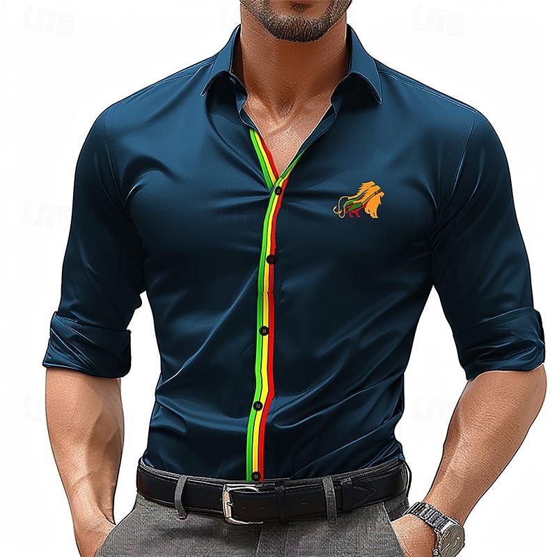 Men's Dress Shirt Printed Shirts Lion Street Wear to work Black Dark Navy Fuchsia Long Sleeve Turndown Spring & Summer Clothing Apparel Print3