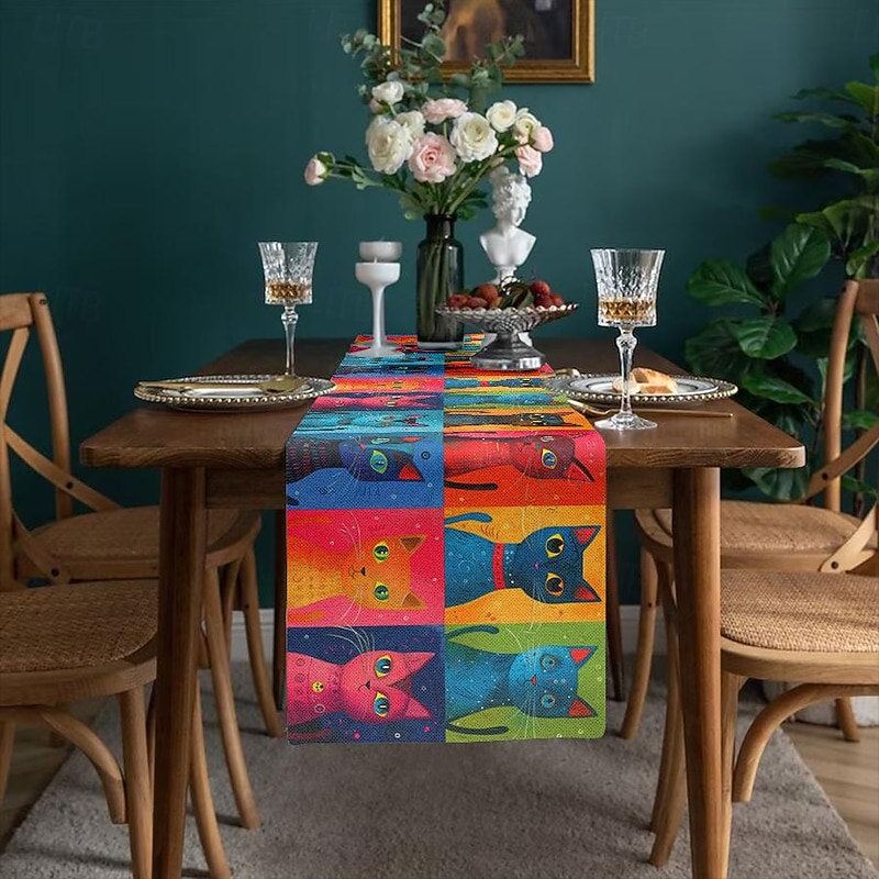 Animal Cat Print Table Runner, Kitchen Dining Table Decor, Print Decor Table Runners for Indoor Outdoor Home Farmhouse Holiday Wedding Birthday Party Decoration4