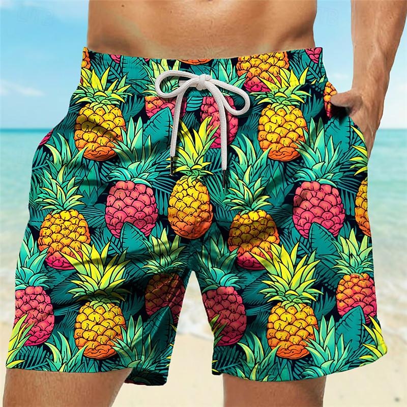 Men's Pineapple Swim Trunks Swim Shorts Board Shorts Mid Waist Vacation Hawaiian Holiday Vacation Holiday Beach Drawstring with Mesh lining Elastic Waist Designer Clothing Apparel