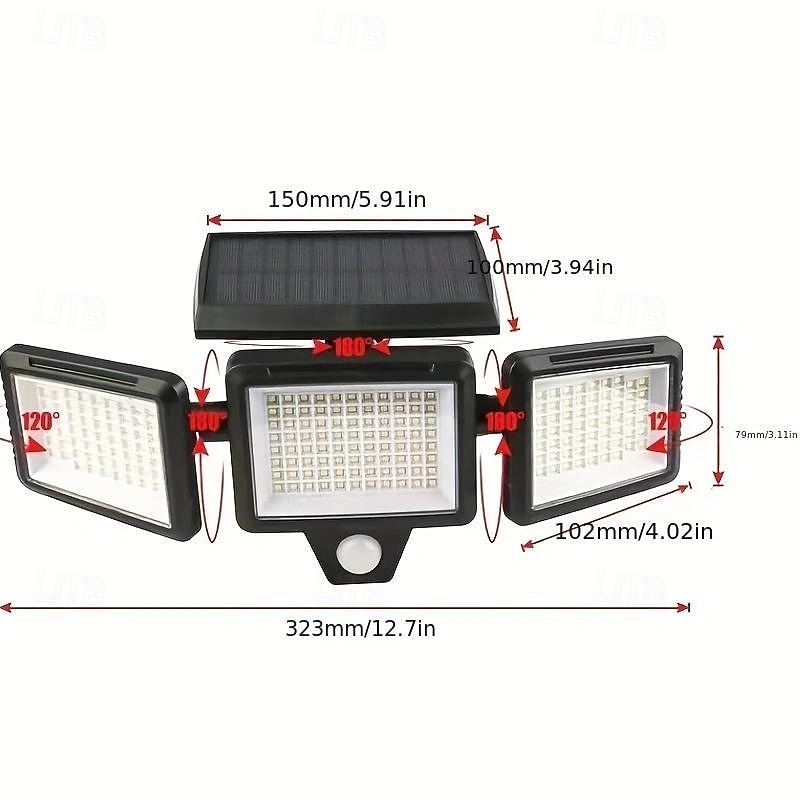 Solar Flood Lights Outdoor Lights 3-Head Motion Sensor Light 2500Lumens 210LEDs Safety Light with Remote Control, IP65 Waterproof Wide-Angle Floodlight Wall Light4