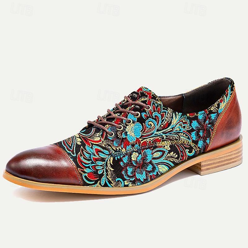 Men's Retro Floral Jacquard Fabric Oxford Shoes with Leather Accents - Casual and Formal Occasions4