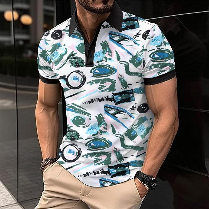 Men's Geometric Golf Shirt Short Sleeve Polo Shirts Collared Shirts Casual Vacation Wear Formal Wear Festival Wear Buttons 3D Print Spring & Summer White Blue3