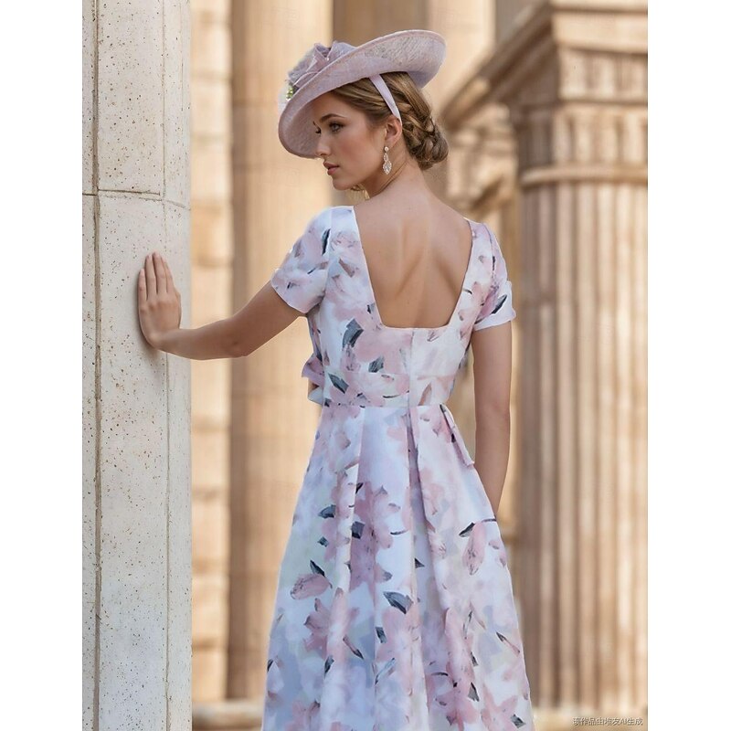 A-Line Mother of the Bride Dress Kentucky Elegant Dresses Formal Wedding Guest Elegant Dress Bateau Neck Asymmetrical Ankle Length Chiffon Short Sleeve with Pleats Flower Wedding Guest Dress3