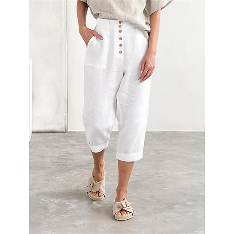 Women's Cotton Linen Pants Fashion Basic Comfort Pure Color Pocket Elastic Waist Breathable Micro-elastic Street Daily Black White Navy Blue Brown Summer