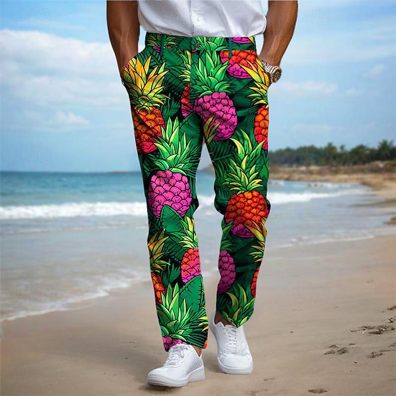 Pineapple Vacation Hawaiian Men's Resort 3D Printed Dress Pants Flat Front Straight-Leg Polyester Medium Waist Pants Outdoor Vacation Holiday Daily Wear S TO 3XL4