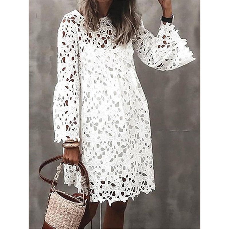 Women's Mini Dress White Dress White Lace Wedding Dress Boho Dress Fashion Outdoor Regular Fit Plain 3/4 Length Sleeve Crew Neck Black White Summer2