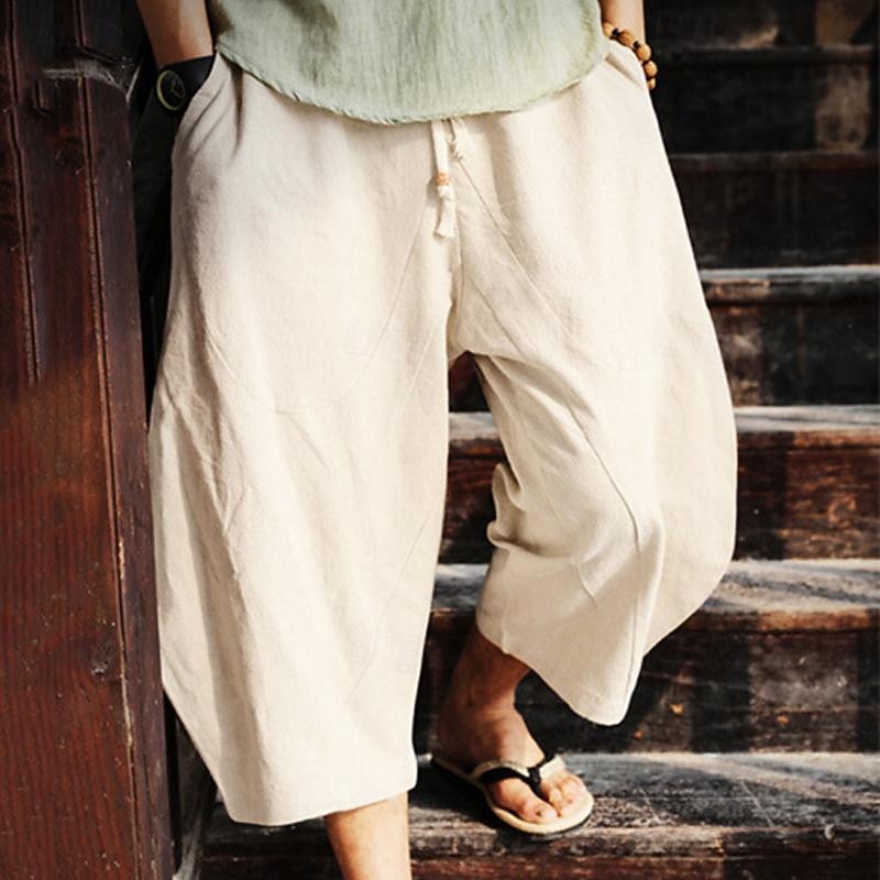 Men's Linen Pants Summer Pants Beach Pants Pocket Elastic Waist Drawstring Plain Comfort Breathable Calf-Length Vacation Daily Holiday Hawaiian Boho Black Red4