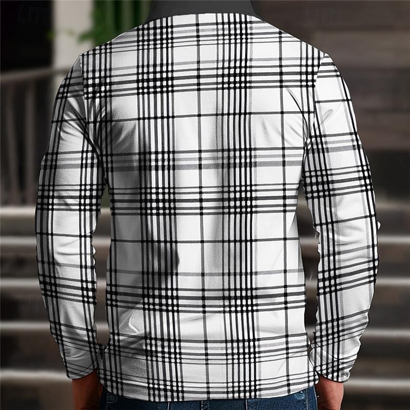 Men's Plaid Zip Polo Shirts Golf Shirt Long Sleeve Polo Shirts Collared Shirts Casual Vacation Wear Formal Wear Festival Wear 3D Print Quarter Zip Polo Spring & Summer White Green Khaki2