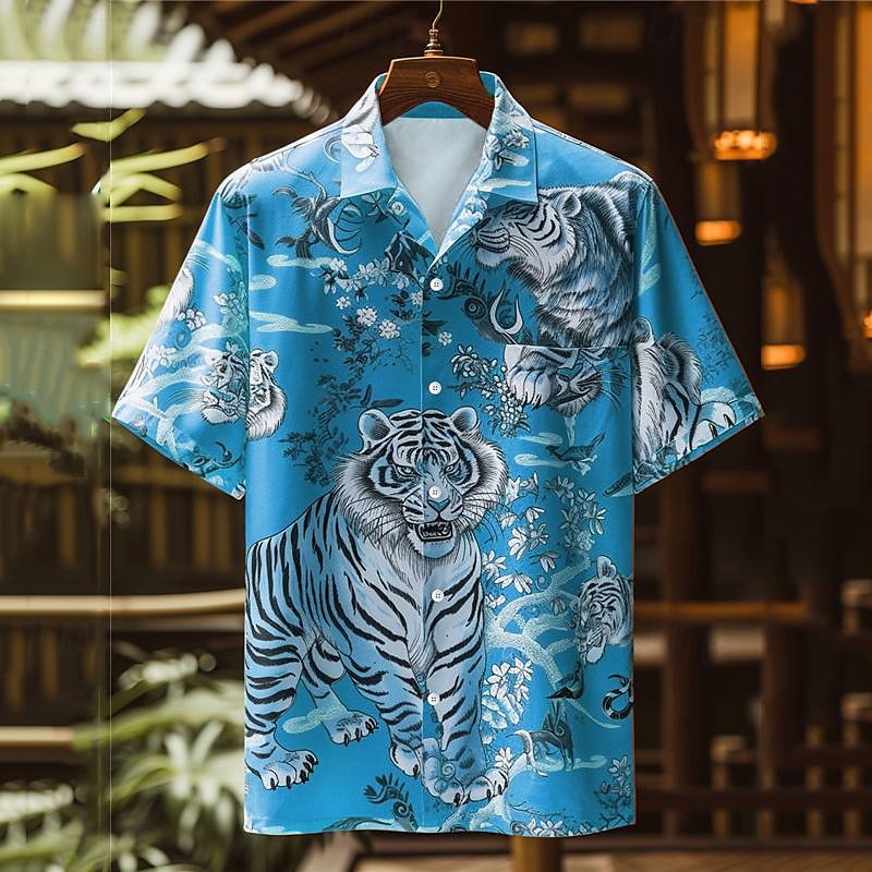 Men's Tiger Button Up Shirt Printed Shirts Short Sleeve Subcultural Party Street Holiday Summer Turndown Pocket Print Button-Down Blue Orange Green
