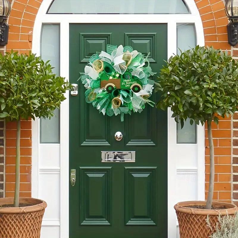 1pc Irish Day Wreath Patrick's Decoration Wreath St Patrick's Day Bow Wreath Green Shamrock Wreath Hanging Sign Wreath Pendant Party Wreath Lattice Door Bow Tie Ribbon2