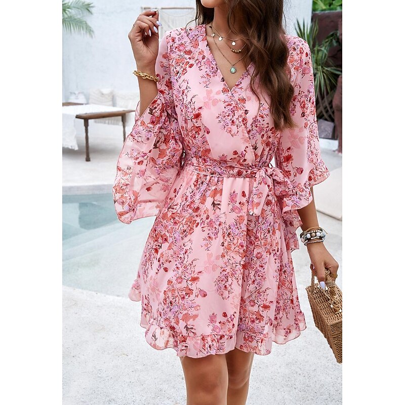 Women's Casual Dress Sheath Dress Sundress Rose 3D Print Tie Front Print V Neck Butterfly Sleeve Mini Dress Bohemia Cute Date Vacation Half Sleeve Summer Spring