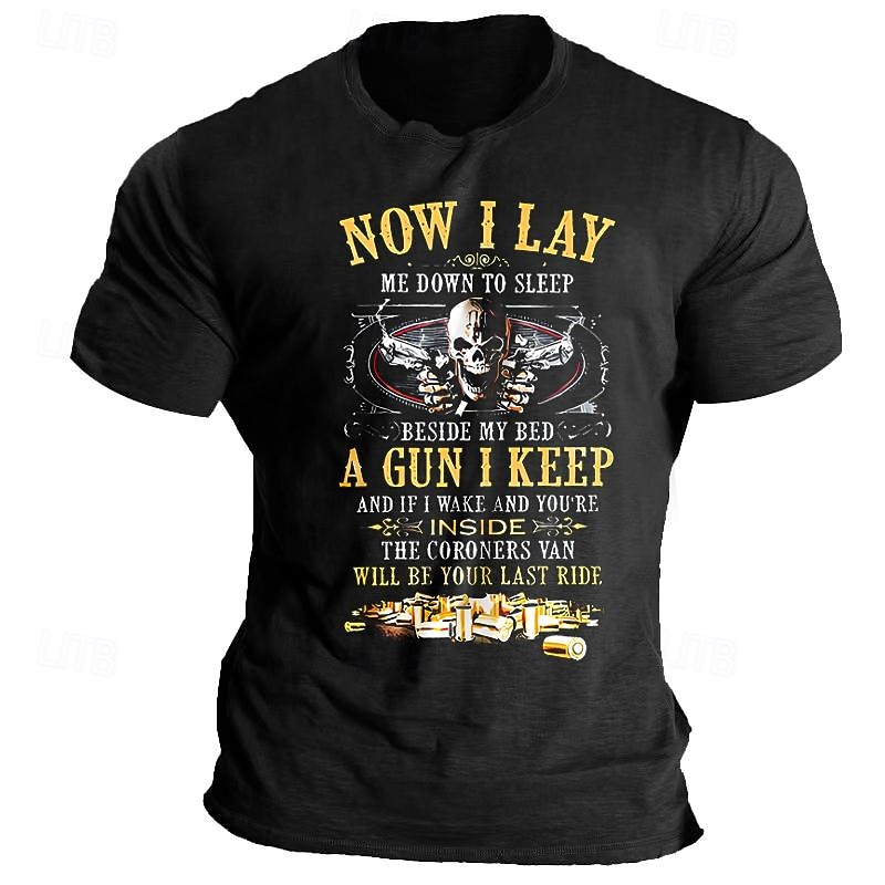 Men's Graphic T-Shirt: 'Now I Lay Me Down To Sleep A Gun I Keep' Skull & Guns Design, Bold Statement Tee for Self-Defense Lifestyle, Short Sleeve