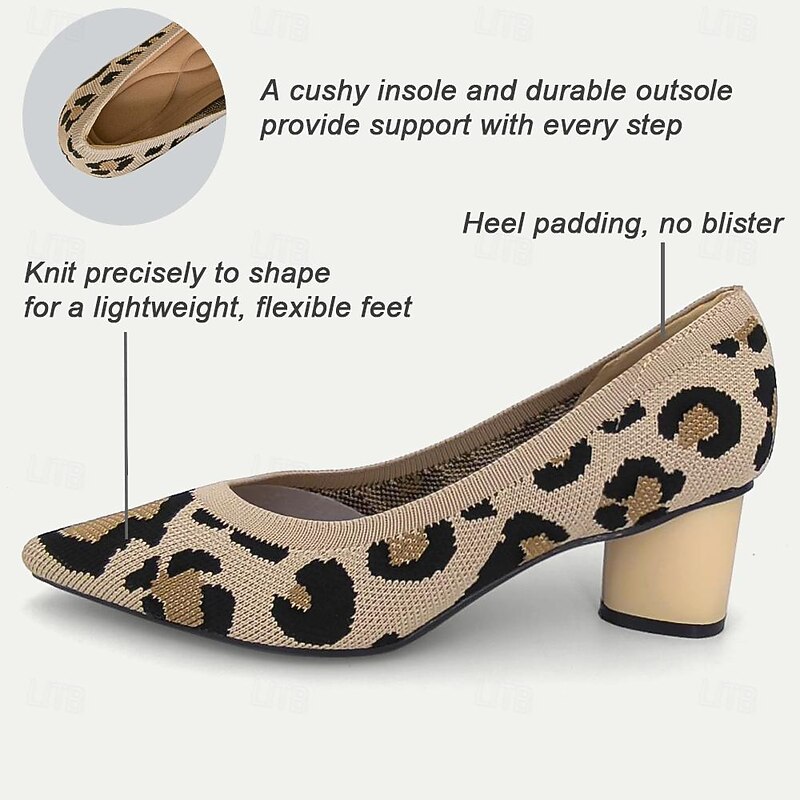 Women's Heels Plus Size Flyknit Shoes Outdoor Office Daily Leopard Chunky Heel Pointed Toe Fashion Classic Comfort Walking Knit Loafer Almond Leopard Black / Beige3