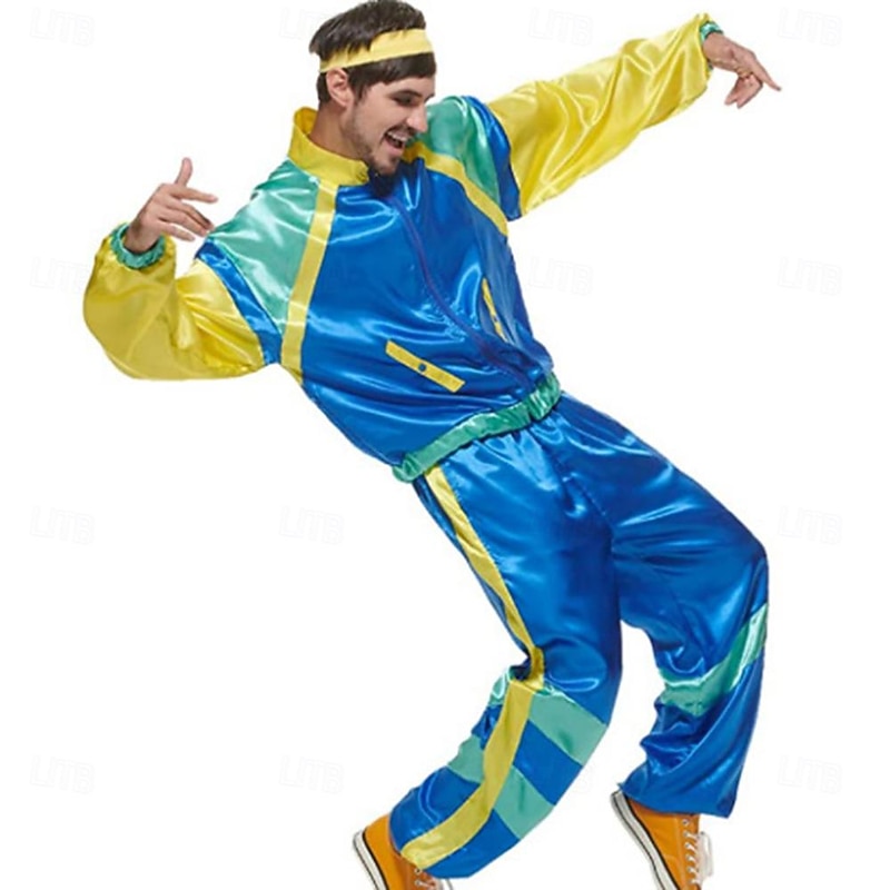 Retro Vintage 1980s Hip Hop Pants Outfits Jacket Disco Color Block Fancy Dress Men's Women's Carnival Costume Masquerade Dailywear Casual Daily Pride Parade Adults' Top Pants Headband2