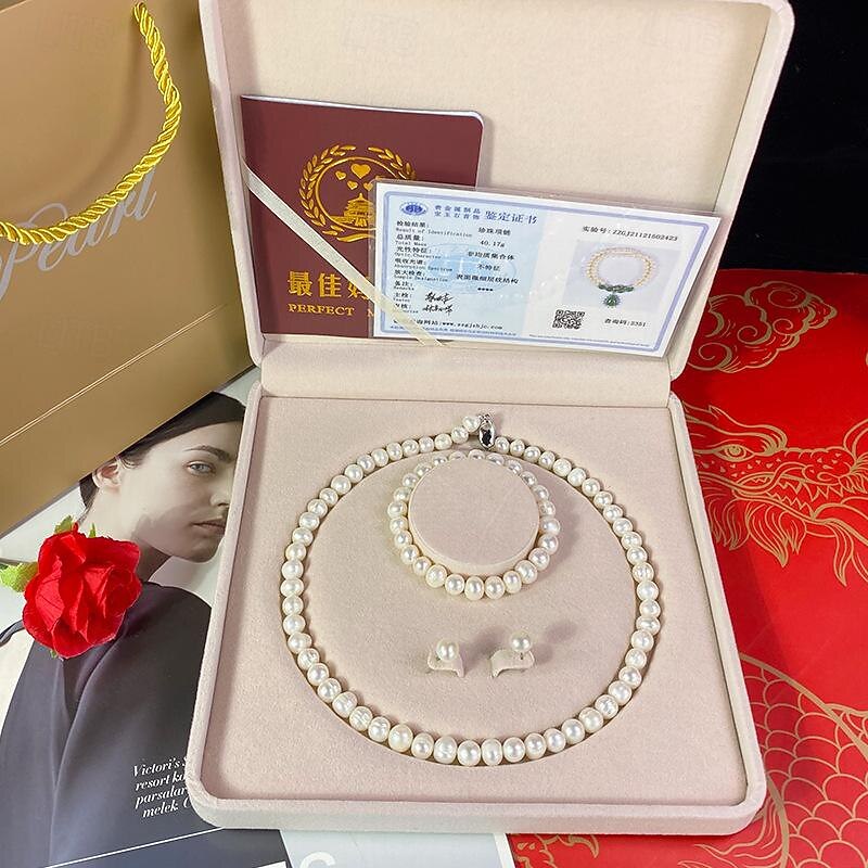Women's Day Gifts Natural Freshwater Pearl Necklace Green Chalcedony Pendant White Pearl Bracelet Set As A Gift For Mothers And Mother-in-law On Mother's Day Mother's Day Gifts for MoM4