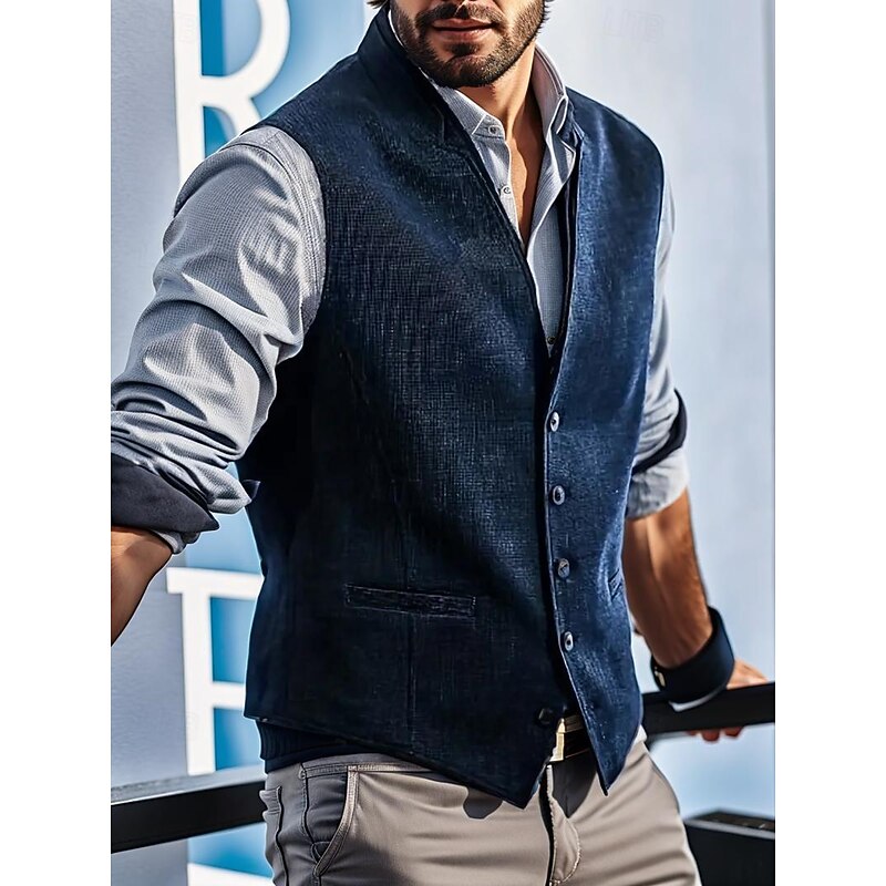 Men's Vest Waistcoat Wedding Business Daily Business Casual Spring Fall Pocket Polyester Breathable Plain Single Breasted V Neck Regular Fit Navy Blue Vest