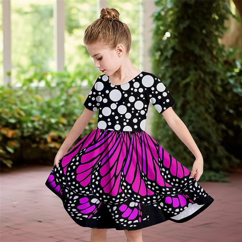 Girls' 3D Butterfly Dress Short Sleeve 3D Print Summer Daily Holiday Casual Beautiful Kids 3-12 Years Casual Dress Skater Dress Above Knee Polyester Regular Fit3