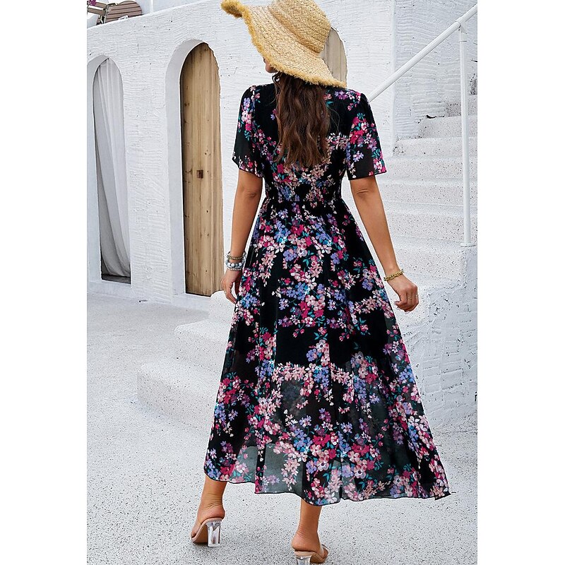 Women's Sheath Dress Chiffon Dress Sundress Floral Graphic Elastic Waist Print V Neck Cold Shoulder Long Dress Maxi Dress Elegant Tropical Party Date Short Sleeve Summer Spring 6