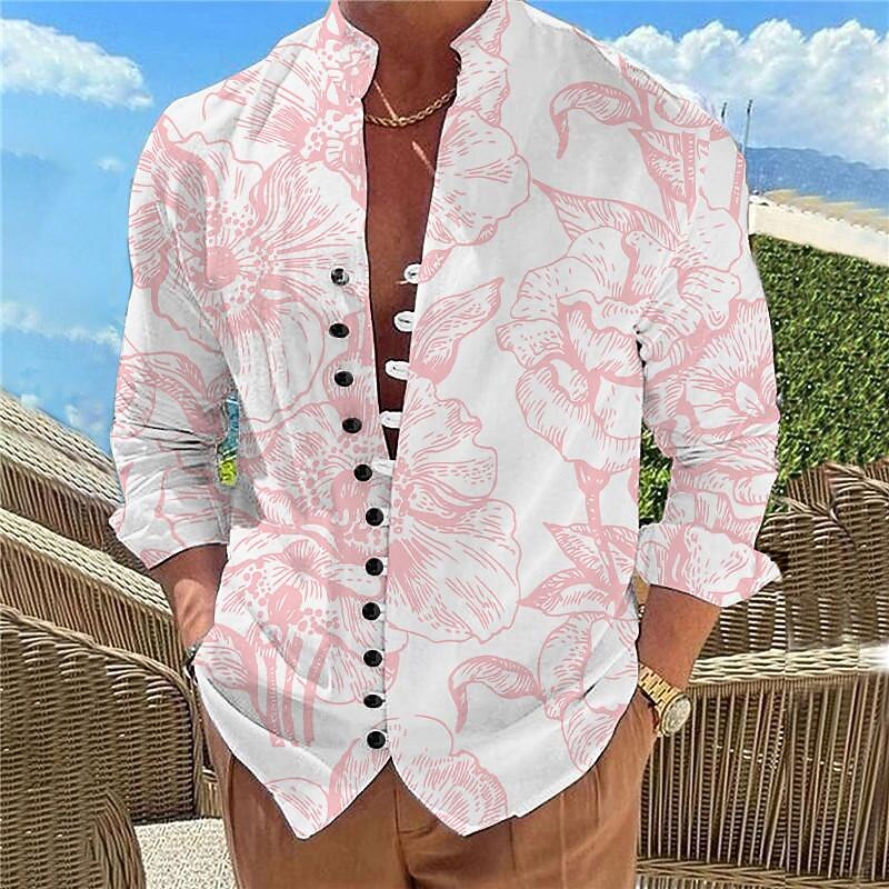 Men's Floral Tropical Flowers Rose Summer Hawaiian Shirt Aloha Shirt Printed Shirts Long Sleeve Shirt Standing Collar Hawaiian Resort Vacation Holiday Daily Wear Pink Blue Orange S M L3