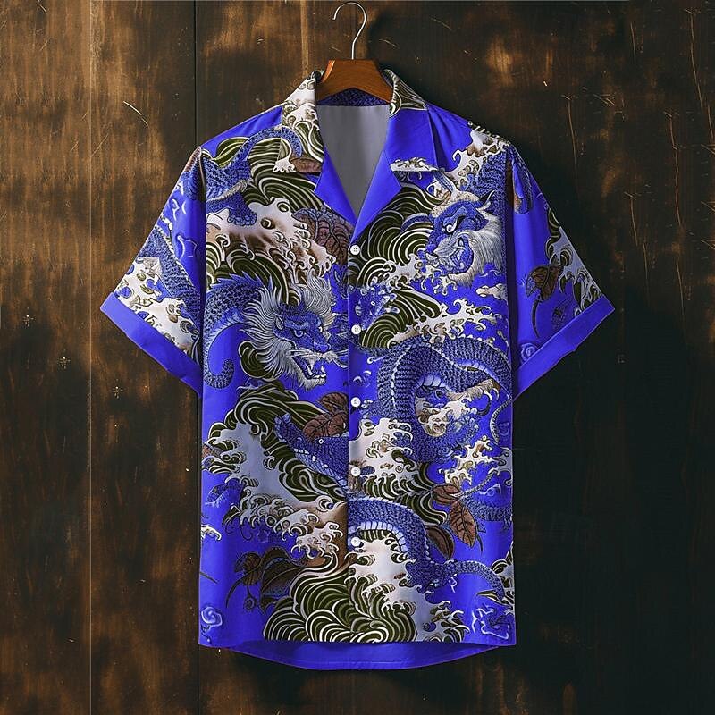 Men's Dragon Button Up Shirt Printed Shirts Short Sleeve Subcultural Vacation Party Street Summer Cuban Collar Print Button-Down Pink Blue Purple Orange2