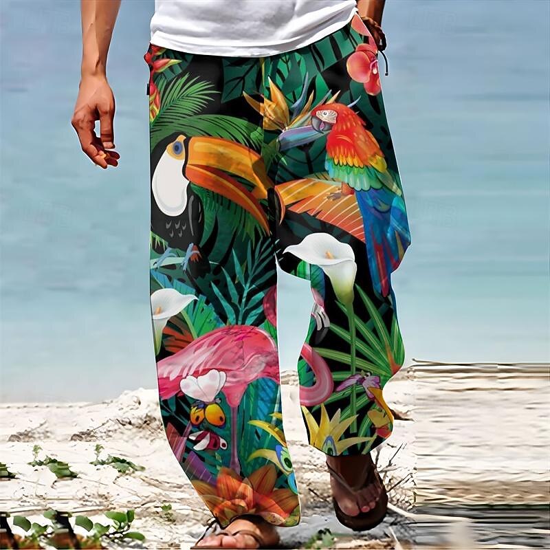 Parrot Tropical Hawaiian Men's Resort 3D Printed Casual Pants Trousers Loose Fit Straight-Leg Elastic Waist Drawstring Polyester Aloha Hawaiian Summer Beach Pants S TO 3XL2