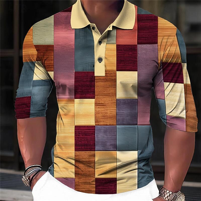 Men's Plaid Polo Shirts Golf Shirt Long Sleeve Polo Shirts Collared Shirts Vintage Casual Vacation Wear Formal Wear Festival Wear 3D Print Buttons Spring & Summer Yellow Pink Blue