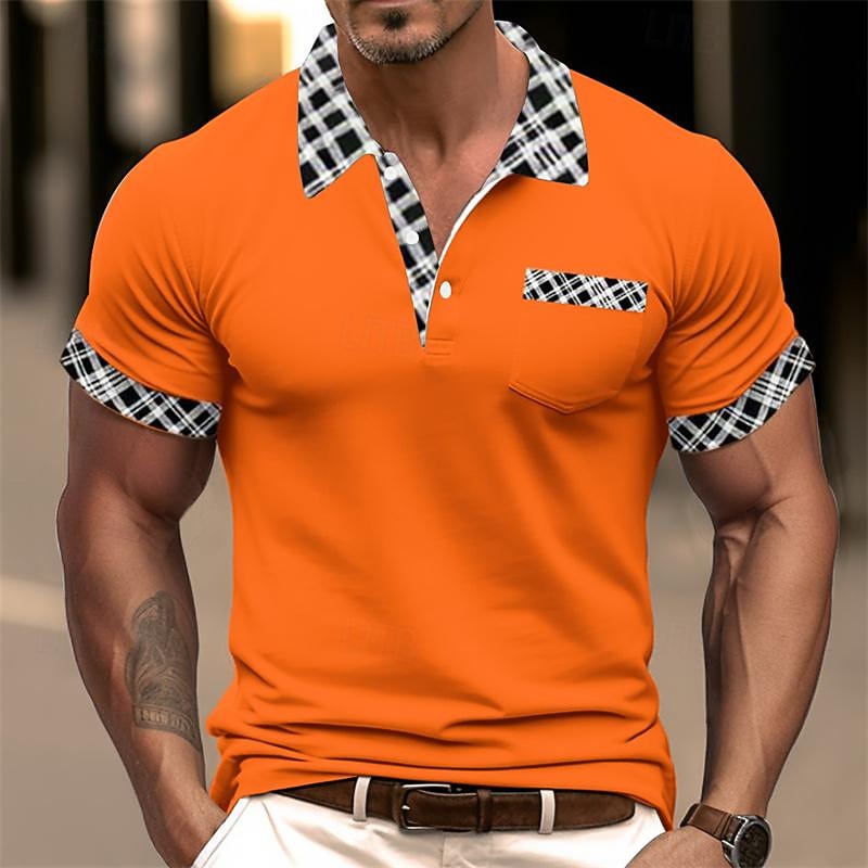 Men's Cotton Blend Polo Shirt Golf Shirt Casual Holiday Lapel Short Sleeve Fashion Basic Houndstooth Plaid / Check Patchwork Pocket Summer Regular Fit Dark Grey White Sky Blue Orange Khaki Cotton