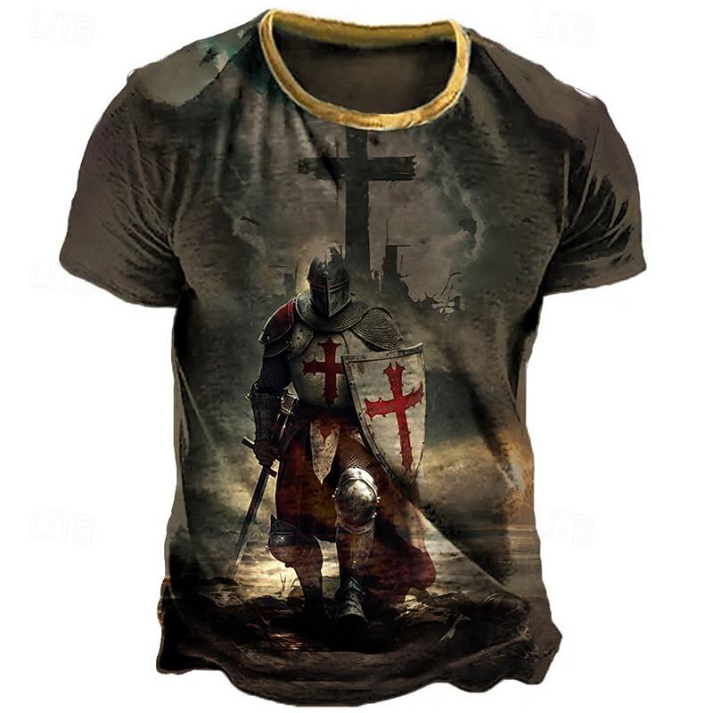 Men's Graphic Knights Templar T Shirt Distressed T Shirt Short Sleeve T shirt 3D Print Crew Neck Shirt Vintage Fashion Designer Outdoor Daily Sports Black Brown Green Spring & Summer Clothing Apparel2