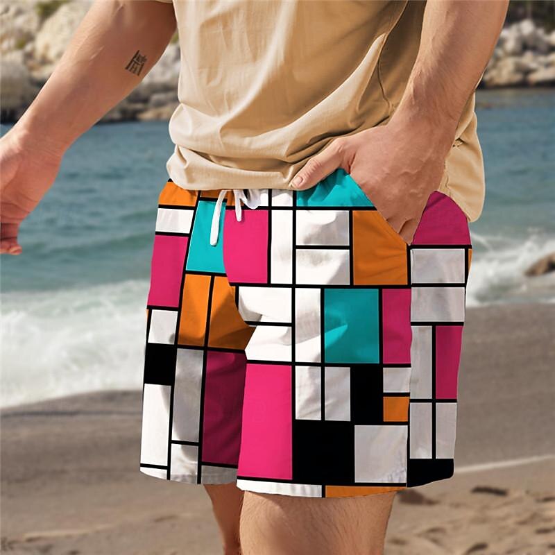 Men's Plaid Color Block Swim Trunks Swim Shorts Board Shorts Mid Waist Vacation Hawaiian Holiday Vacation Holiday Beach Drawstring with Mesh lining Elastic Waist Designer Clothing Apparel4