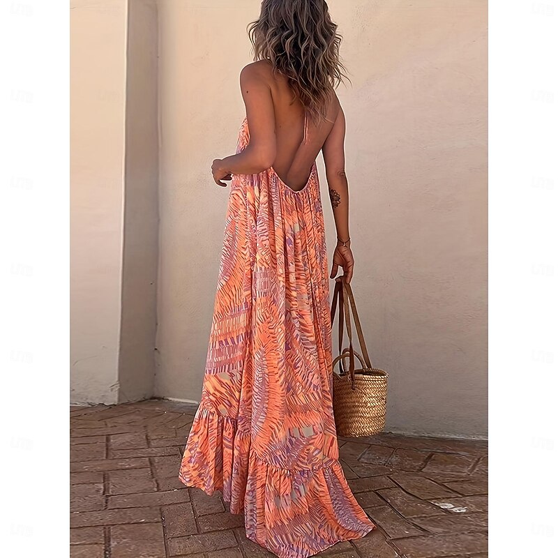Women's Tie Dye Halter Neck Long Dress Maxi Dress Hawaiian Beach Sleeveless Summer3