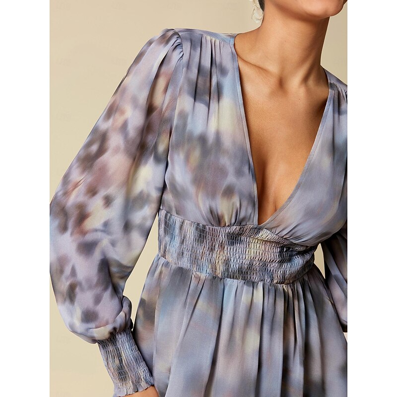 Women's Maxi Dress Wedding Guest Blue Long Sleeve Flower / Plants Chiffon Printing Spring &  Fall V Neck Pattern Dress Flying Dress Corset Dresses S M L3