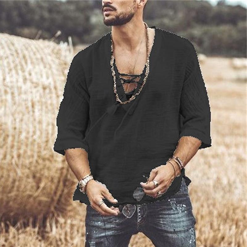 Men's T Shirt Tee Tee Top Half-Sleeve V Neck Spring &  Fall Plain Fashion Designer Basic Lace up Vacation Street Going out Apricot Black White Top Tee for Men4