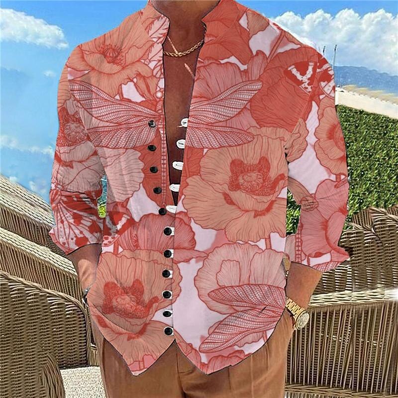 Men's Floral Tropical Flowers Rose Summer Hawaiian Shirt Aloha Shirt Printed Shirts Long Sleeve Shirt Standing Collar Hawaiian Resort Vacation Holiday Daily Wear Yellow Pink Red S M L4