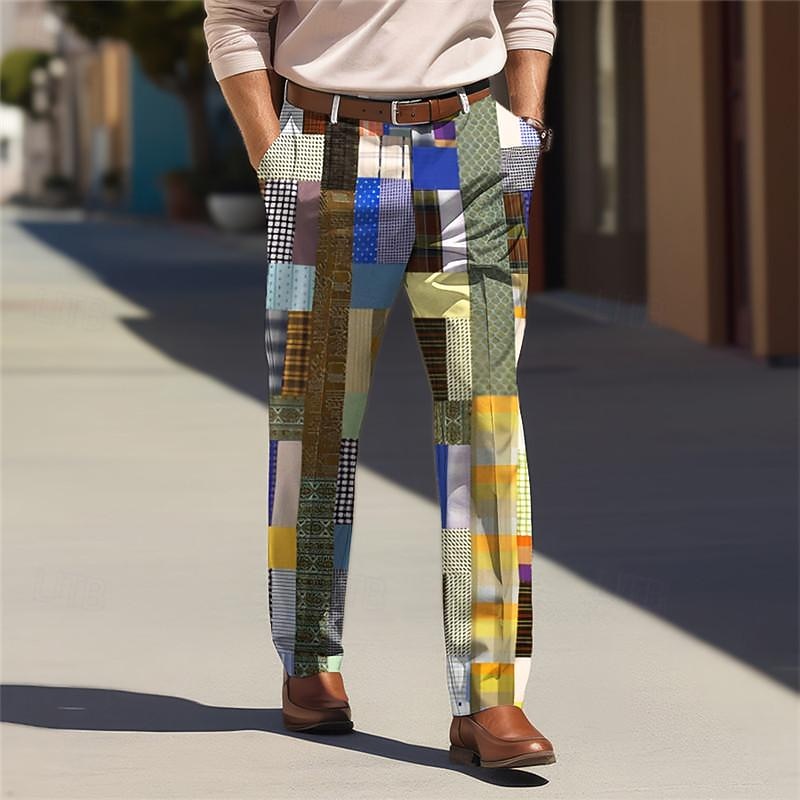Color Block Geometry Business Casual Men's Business 3D Printed Dress Pants Flat Front Straight-Leg Relaxed-fit Polyester Summer Pants Outdoor Street Wear to Work Daily Wear S TO 3XL4