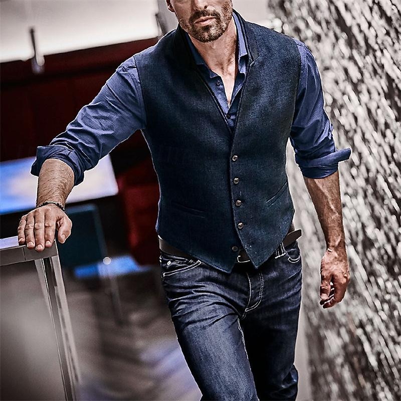 Men's Vest Gilet Wedding Event / Party Daily Fashion Business Spring & Summer Button Polyester Comfortable Plain Single Breasted One-button V Neck Regular Fit Navy Blue Vest