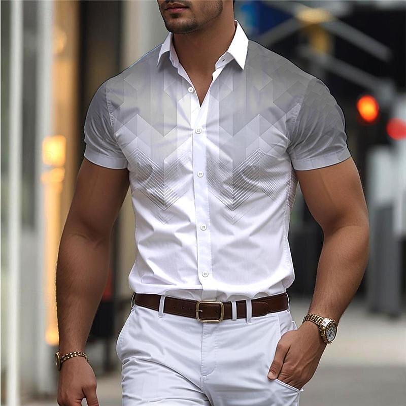 Men's Dress Shirt Printed Shirts Geometric Pattern Outdoor Street Blue Orange Gray Short Sleeve Turndown Summer Clothing Apparel Print4